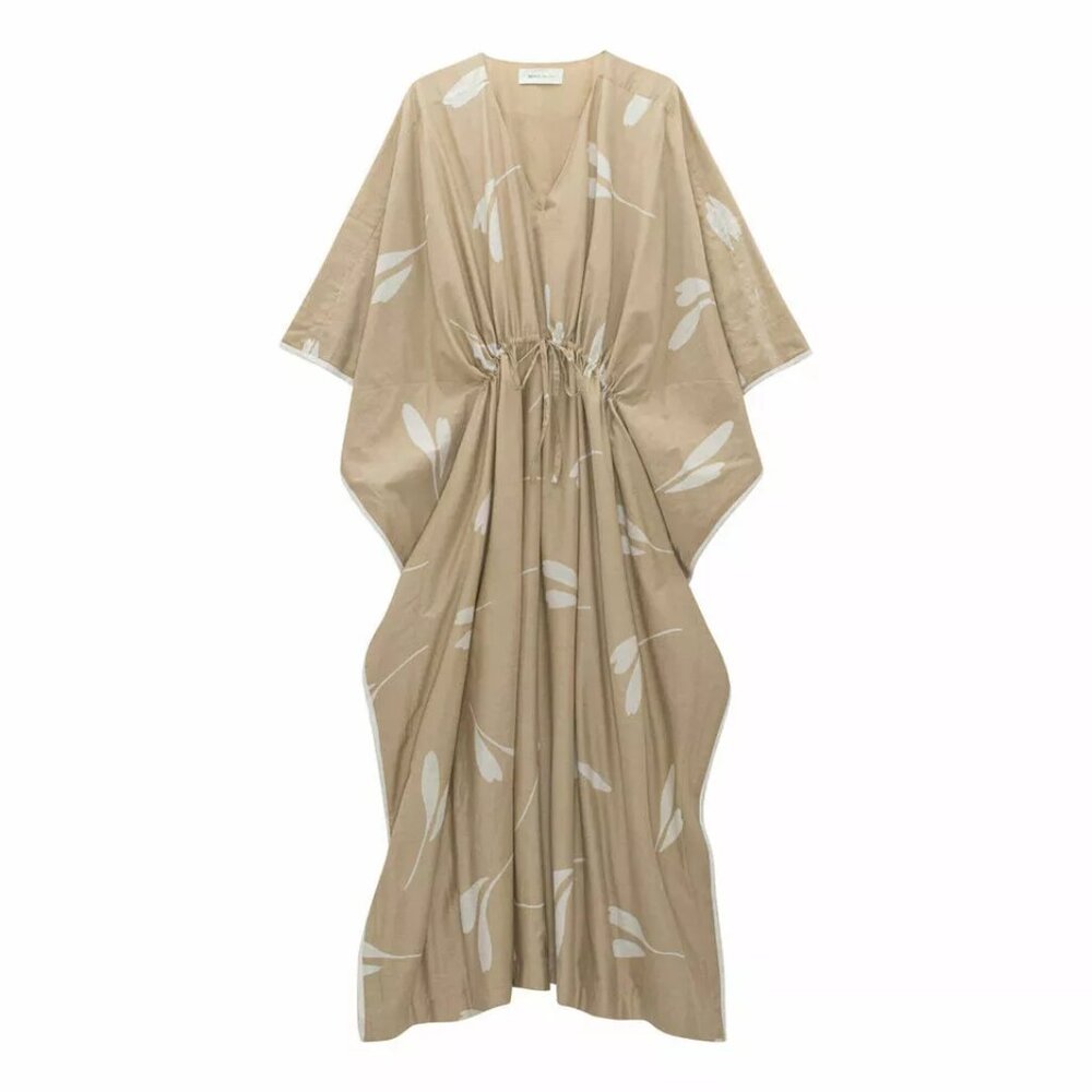 Skall Studio Seville Kaftan Beige Floral Printed Oversized V Neck Dress L